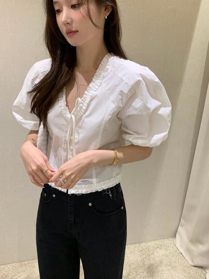 V領木耳邊短袖恤衫