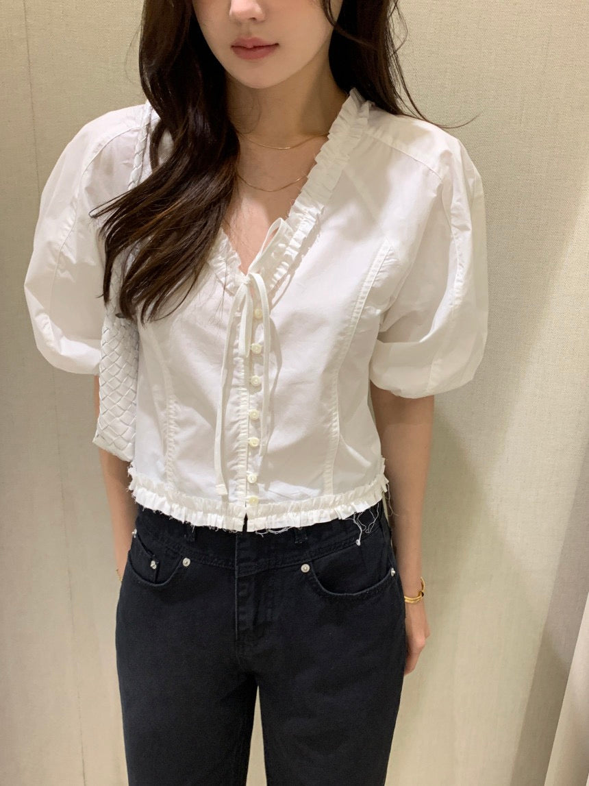 V領木耳邊短袖恤衫