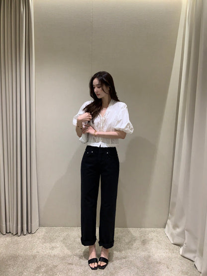 V領木耳邊短袖恤衫