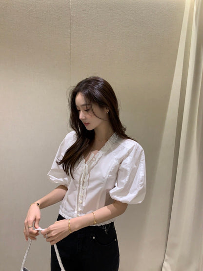 V領木耳邊短袖恤衫