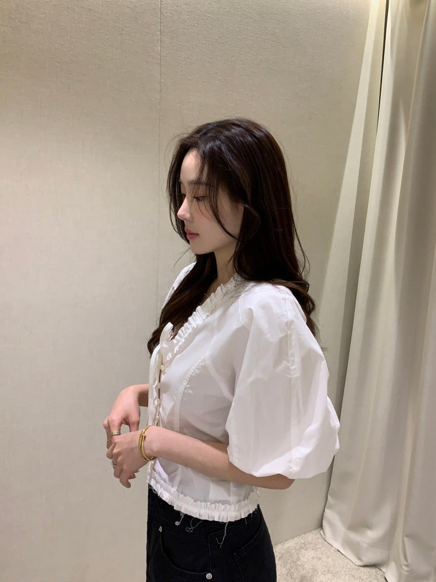 V領木耳邊短袖恤衫