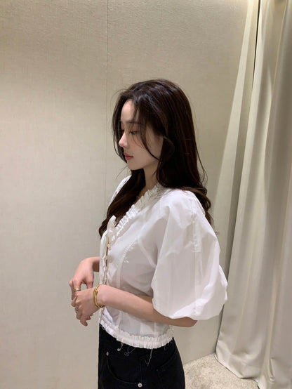 V領木耳邊短袖恤衫