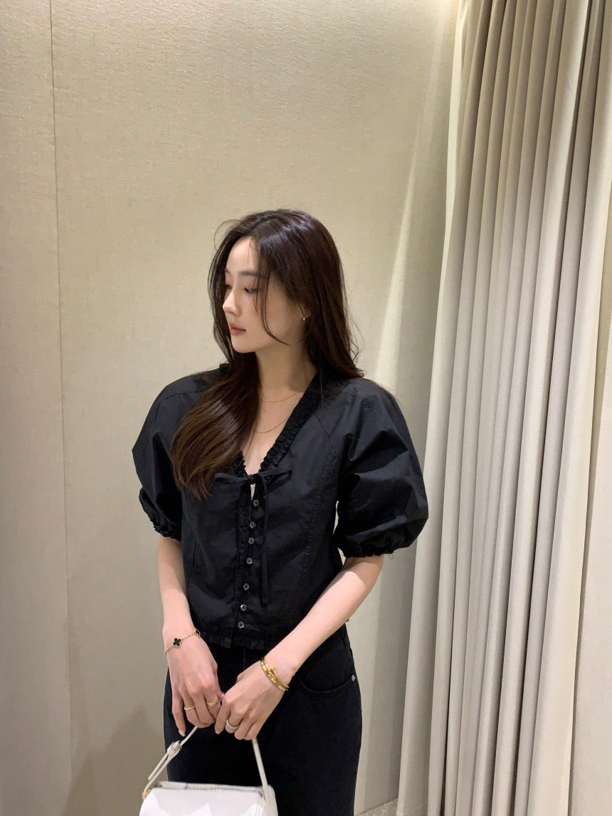 V領木耳邊短袖恤衫