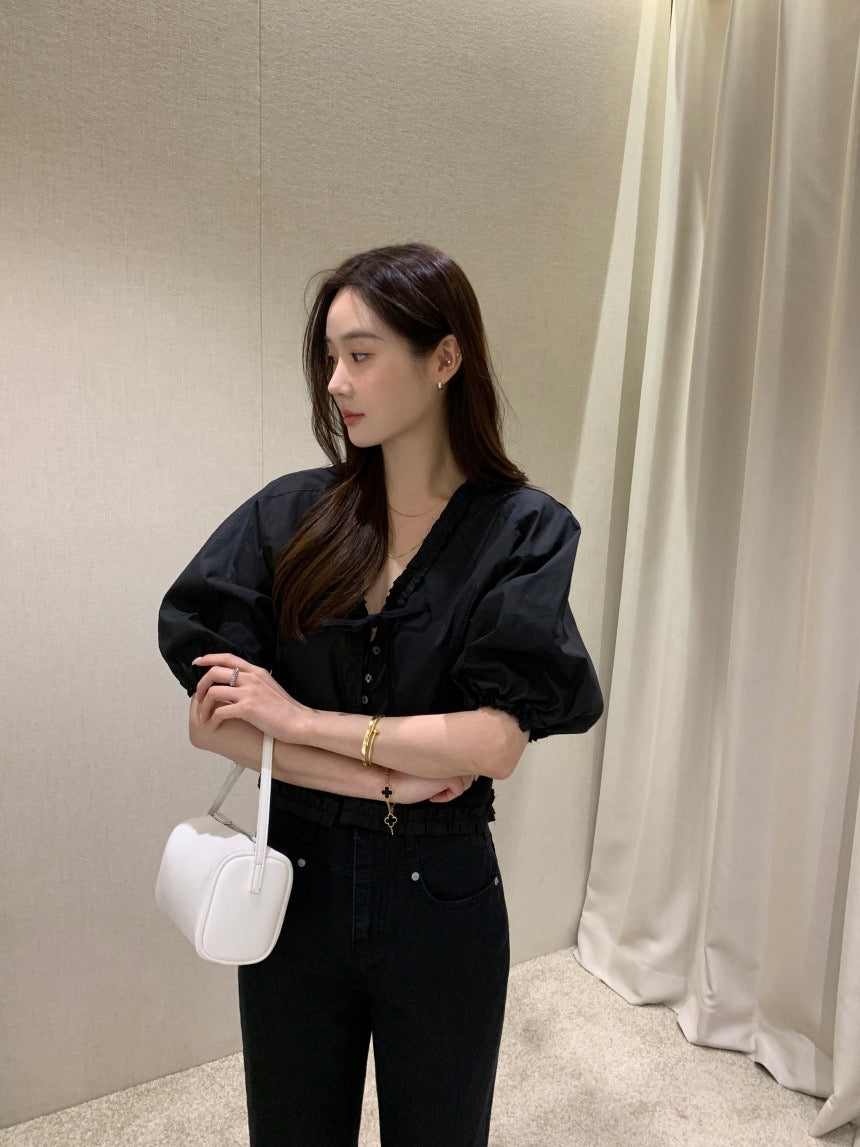 V領木耳邊短袖恤衫