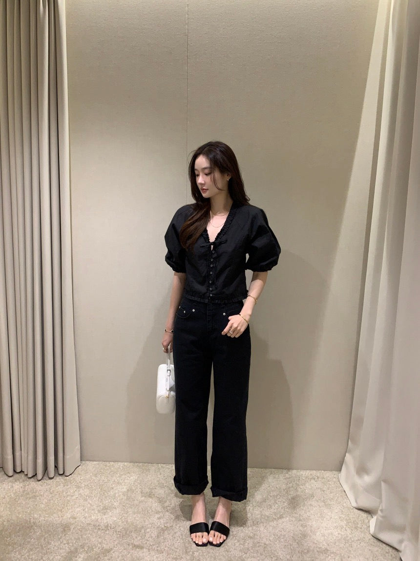 V領木耳邊短袖恤衫