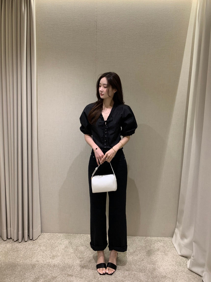 V領木耳邊短袖恤衫