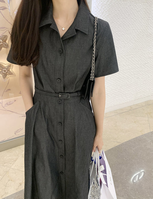 復古翻領收腰牛仔連身裙