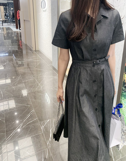 復古翻領收腰牛仔連身裙