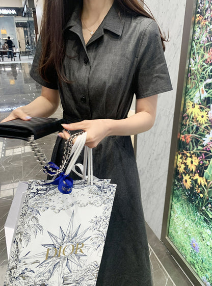 復古翻領收腰牛仔連身裙