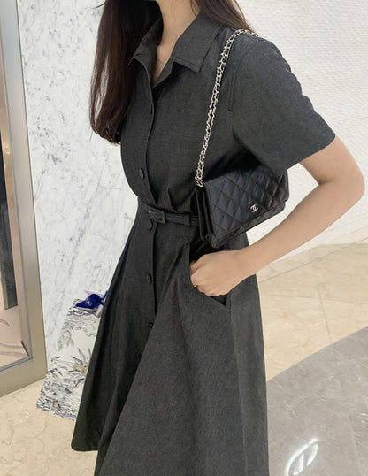 復古翻領收腰牛仔連身裙