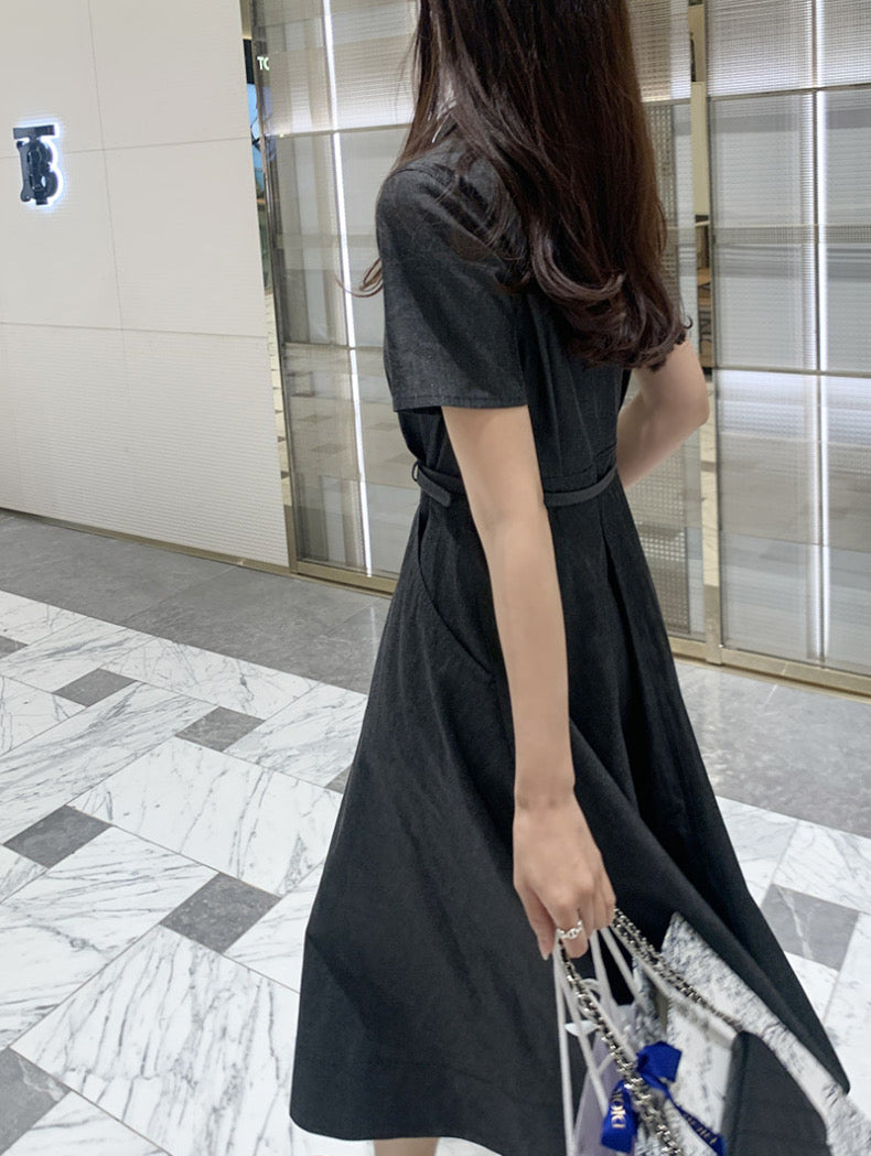 復古翻領收腰牛仔連身裙