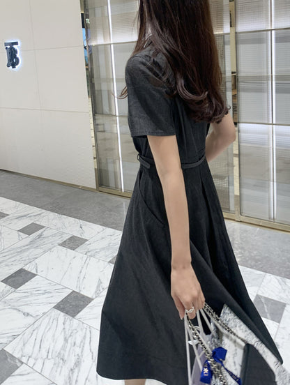 復古翻領收腰牛仔連身裙