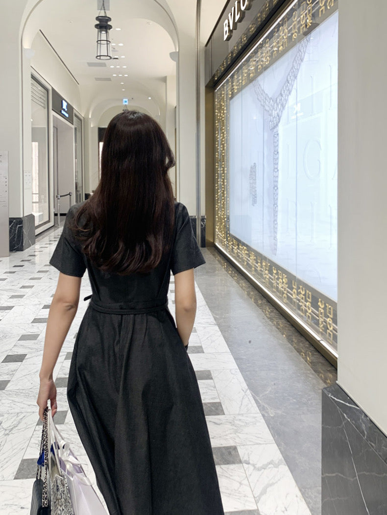 復古翻領收腰牛仔連身裙