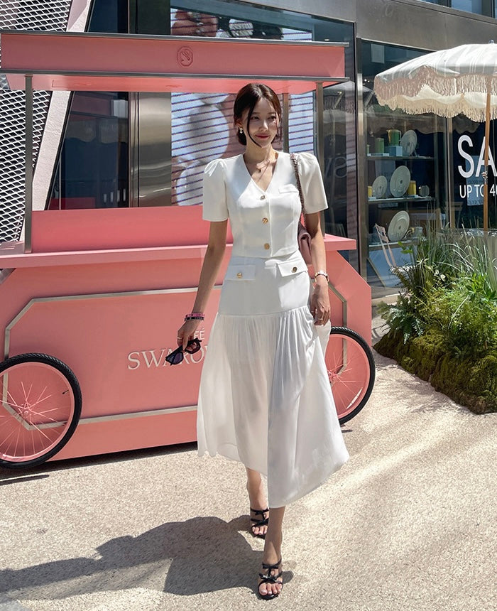 Chanel-inspired Single-breasted Jacket + Patchwork Ruffled Hem Skirt Set