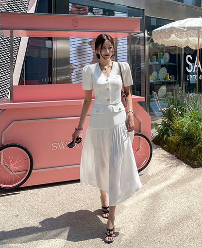 Chanel-inspired Single-breasted Jacket + Patchwork Ruffled Hem Skirt Set