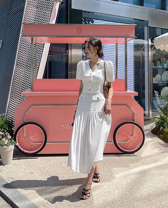 Chanel-inspired Single-breasted Jacket + Patchwork Ruffled Hem Skirt Set