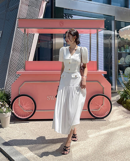 Chanel-inspired Single-breasted Jacket + Patchwork Ruffled Hem Skirt Set