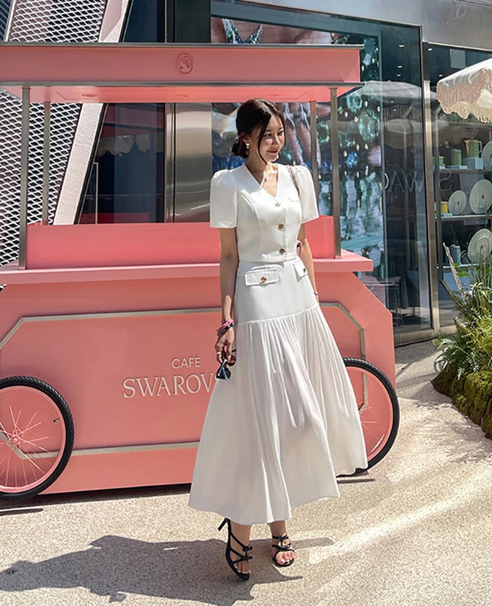 Chanel-inspired Single-breasted Jacket + Patchwork Ruffled Hem Skirt Set