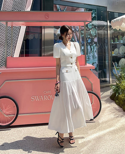 Chanel-inspired Single-breasted Jacket + Patchwork Ruffled Hem Skirt Set