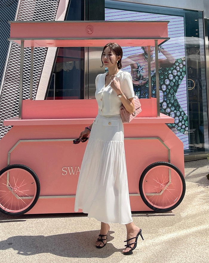 Chanel-inspired Single-breasted Jacket + Patchwork Ruffled Hem Skirt Set