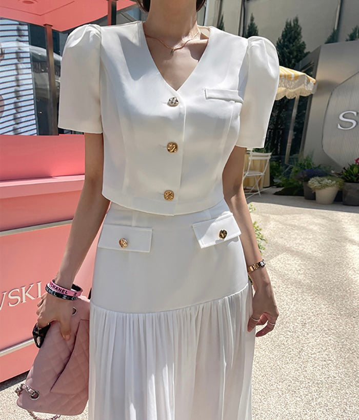 Chanel-inspired Single-breasted Jacket + Patchwork Ruffled Hem Skirt Set