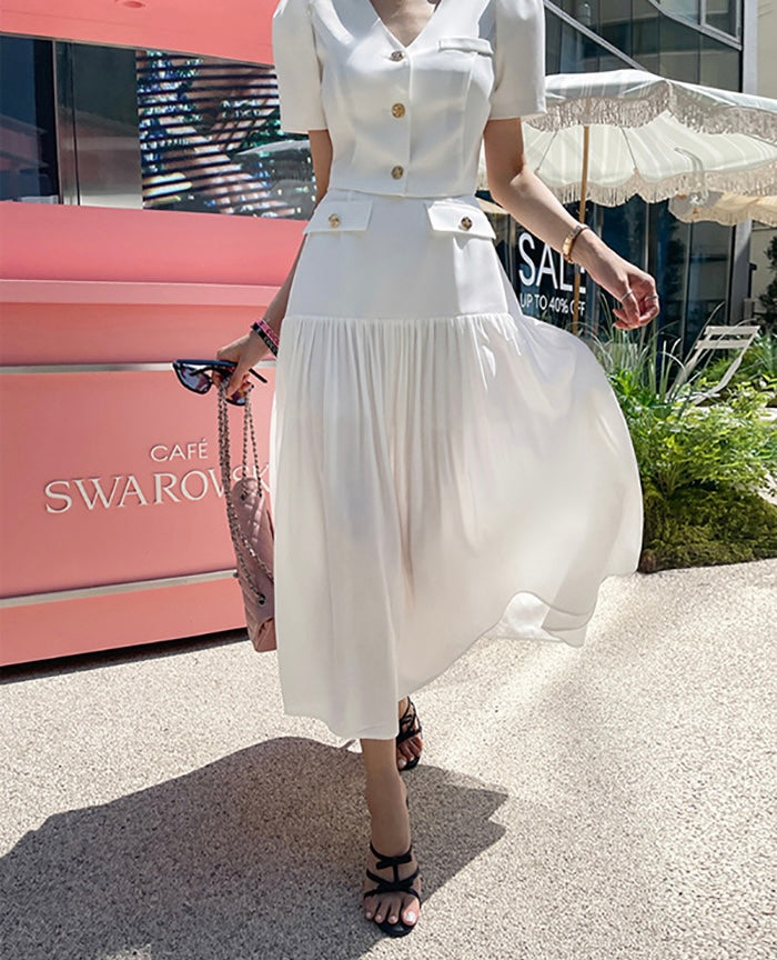 Chanel-inspired Single-breasted Jacket + Patchwork Ruffled Hem Skirt Set