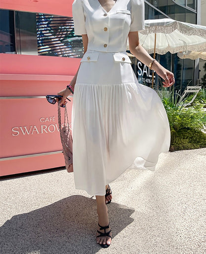 Chanel-inspired Single-breasted Jacket + Patchwork Ruffled Hem Skirt Set