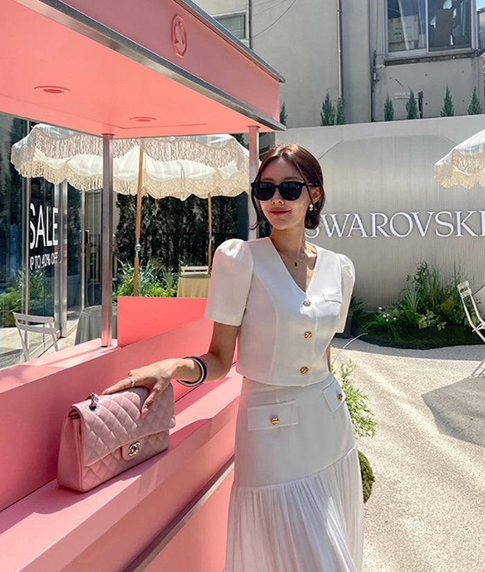 Chanel-inspired Single-breasted Jacket + Patchwork Ruffled Hem Skirt Set