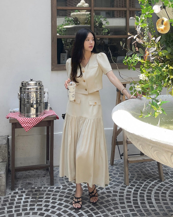 Chanel-inspired Single-breasted Jacket + Patchwork Ruffled Hem Skirt Set