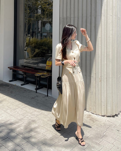 Chanel-inspired Single-breasted Jacket + Patchwork Ruffled Hem Skirt Set