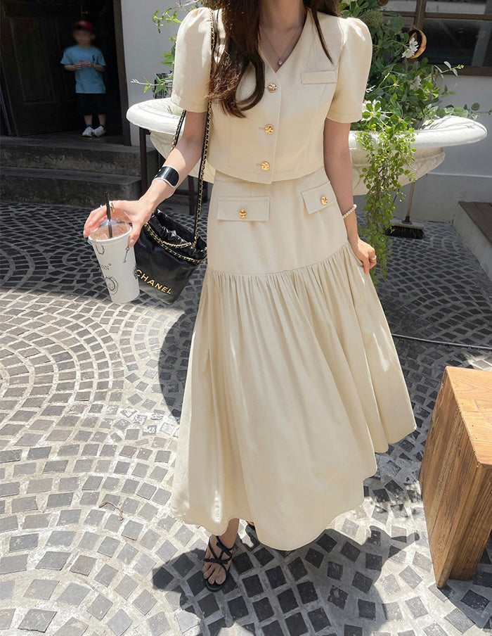 Chanel-inspired Single-breasted Jacket + Patchwork Ruffled Hem Skirt Set