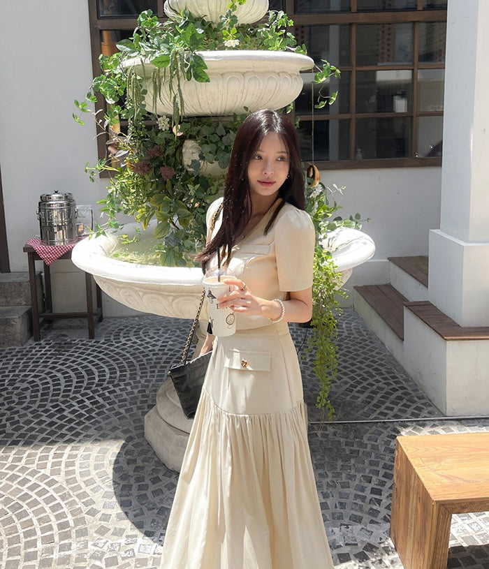 Chanel-inspired Single-breasted Jacket + Patchwork Ruffled Hem Skirt Set