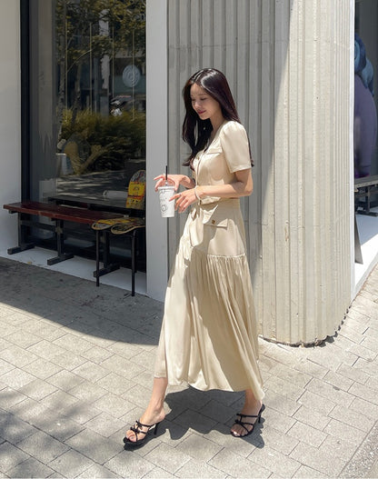 Chanel-inspired Single-breasted Jacket + Patchwork Ruffled Hem Skirt Set