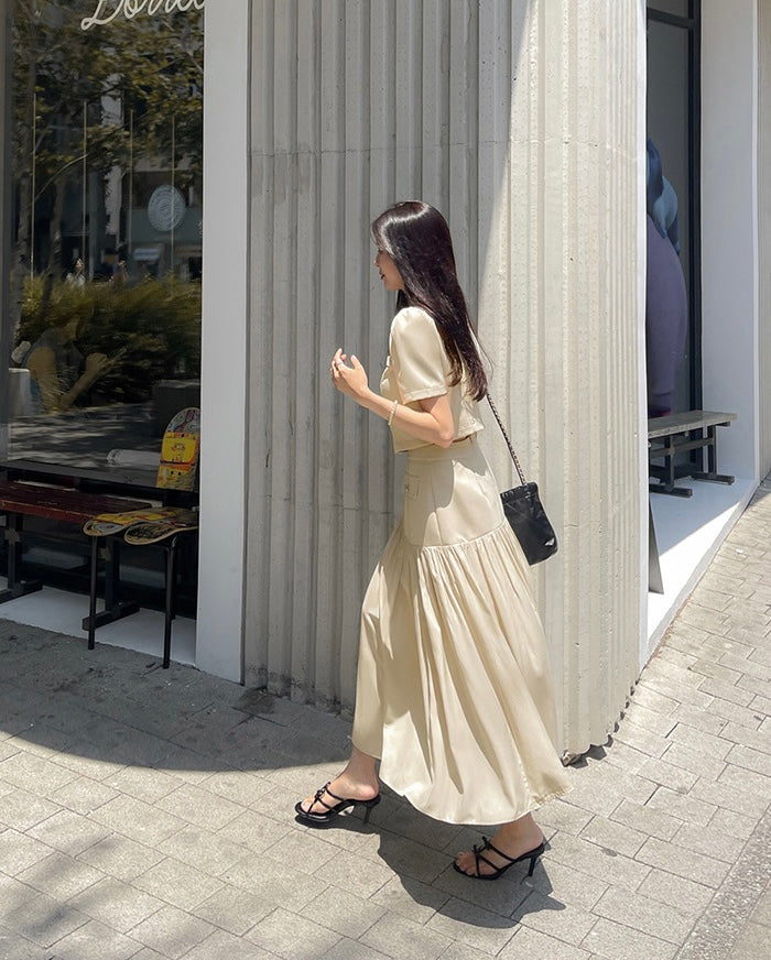 Chanel-inspired Single-breasted Jacket + Patchwork Ruffled Hem Skirt Set