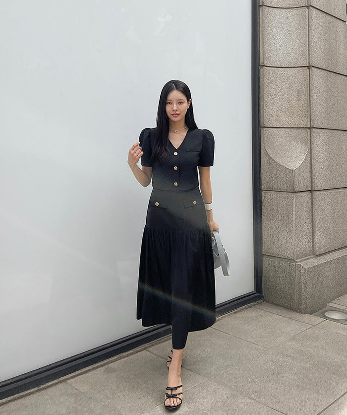 Chanel-inspired Single-breasted Jacket + Patchwork Ruffled Hem Skirt Set