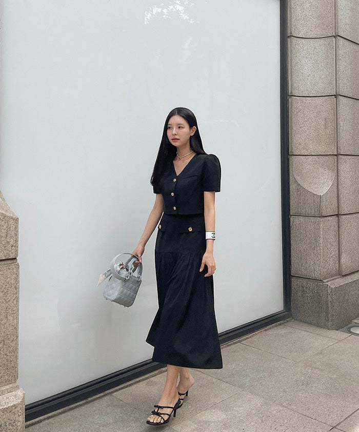 Chanel-inspired Single-breasted Jacket + Patchwork Ruffled Hem Skirt Set