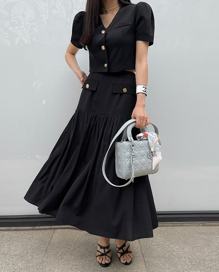 Chanel-inspired Single-breasted Jacket + Patchwork Ruffled Hem Skirt Set