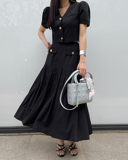 Chanel-inspired Single-breasted Jacket + Patchwork Ruffled Hem Skirt Set