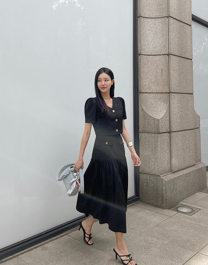 Chanel-inspired Single-breasted Jacket + Patchwork Ruffled Hem Skirt Set