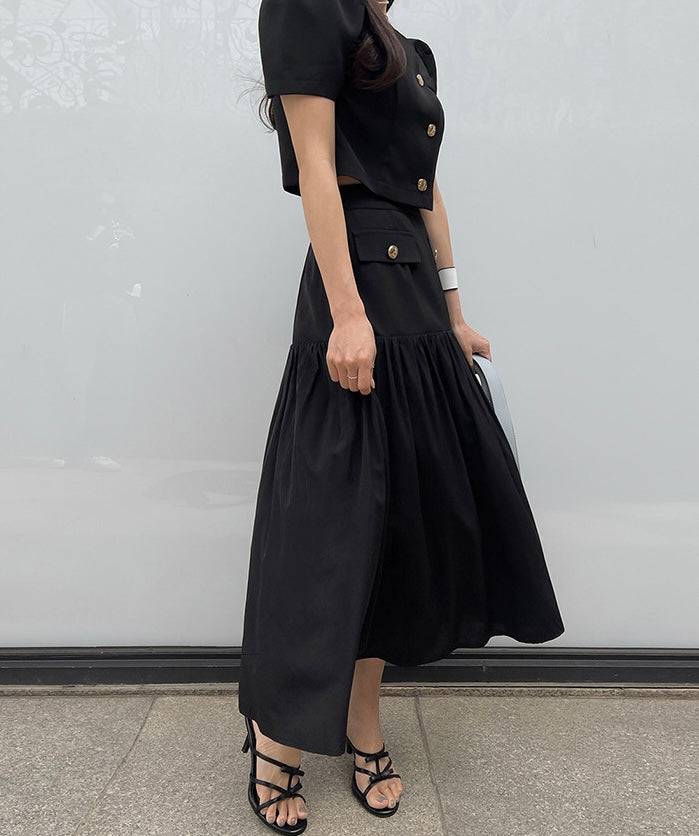 Chanel-inspired Single-breasted Jacket + Patchwork Ruffled Hem Skirt Set