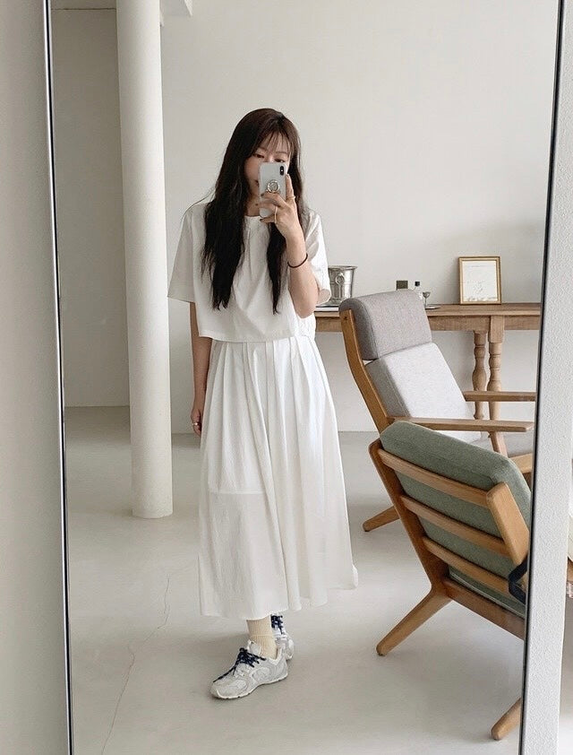 壓褶寬鬆短袖恤衫+高腰百褶半身裙set