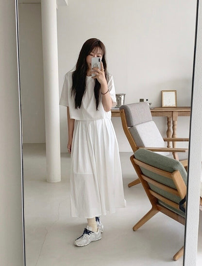 壓褶寬鬆短袖恤衫+高腰百褶半身裙set