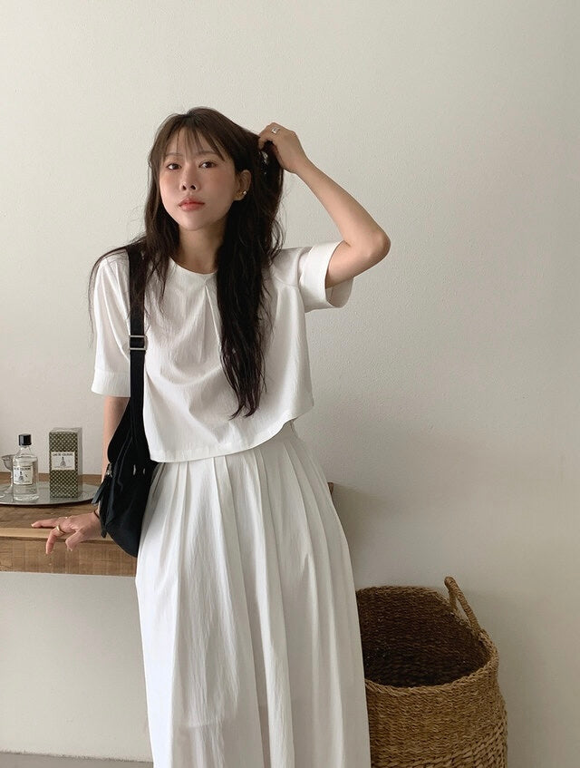 壓褶寬鬆短袖恤衫+高腰百褶半身裙set