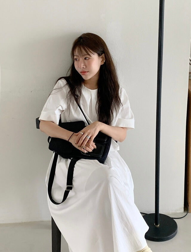 壓褶寬鬆短袖恤衫+高腰百褶半身裙set