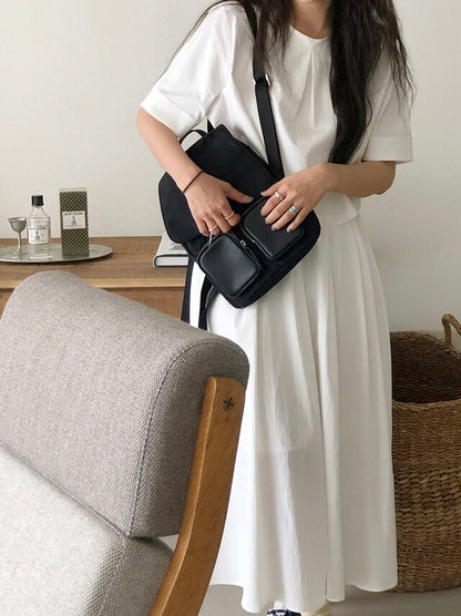 壓褶寬鬆短袖恤衫+高腰百褶半身裙set