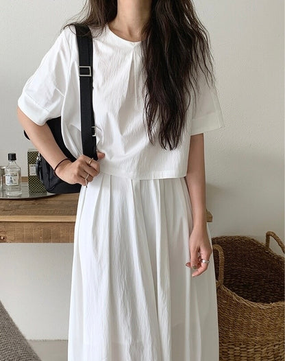 壓褶寬鬆短袖恤衫+高腰百褶半身裙set