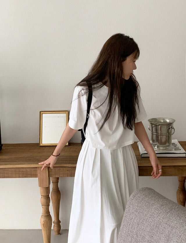 壓褶寬鬆短袖恤衫+高腰百褶半身裙set