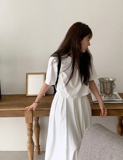 壓褶寬鬆短袖恤衫+高腰百褶半身裙set