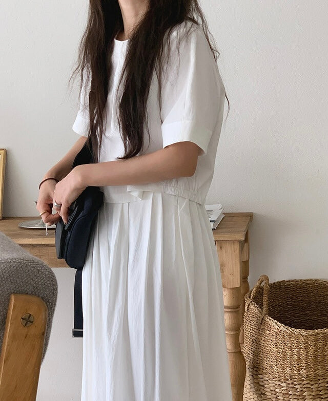 壓褶寬鬆短袖恤衫+高腰百褶半身裙set