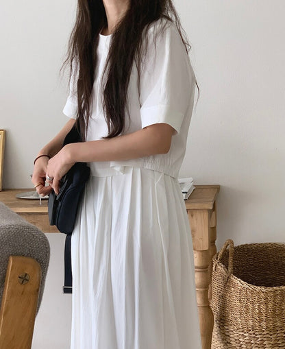 壓褶寬鬆短袖恤衫+高腰百褶半身裙set